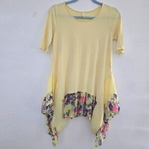 Mittoshop Yellow Ribbed Tunic Top Floral Chiffon Ruffle Sharkbite Hem Small NWOT